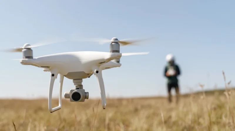 White drone hovering over grassy field with operator in background holding remote control
