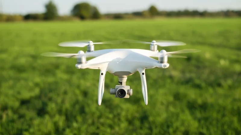 White quadcopter drone hovering over green grassy field with camera attached