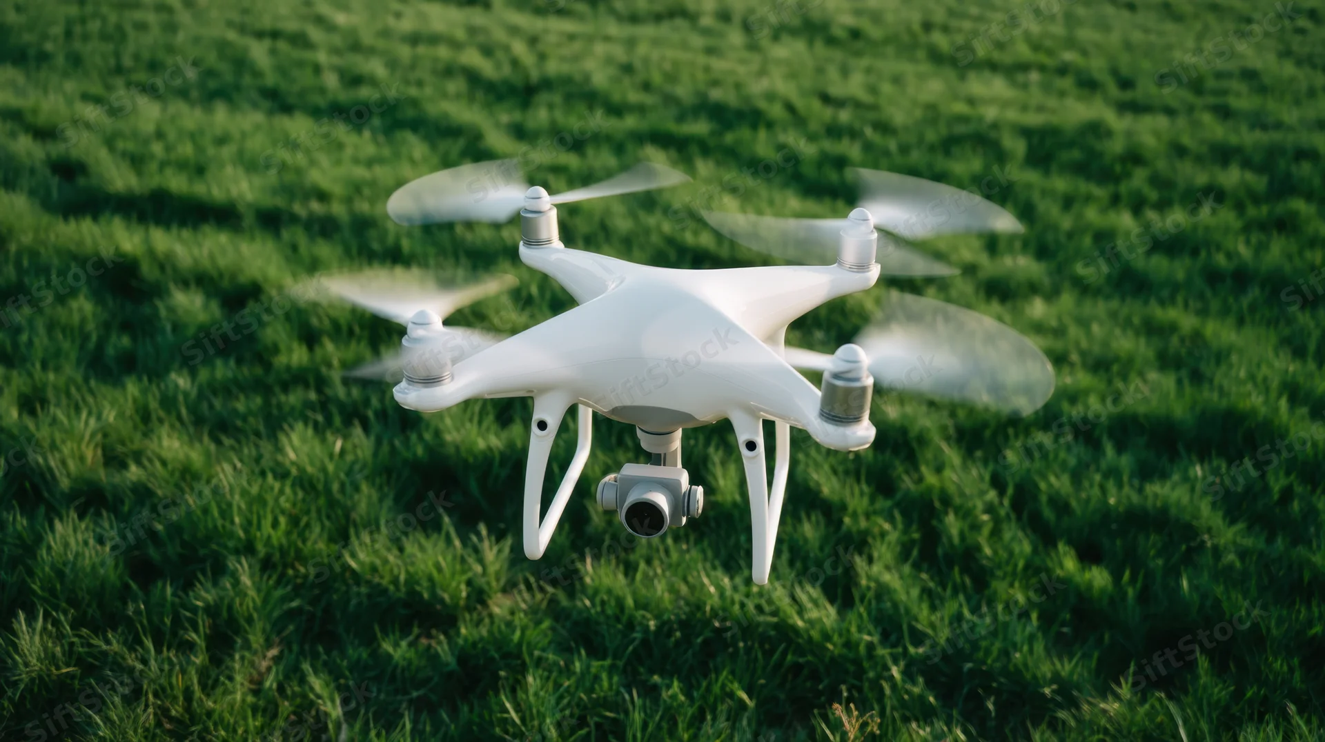 White quadcopter drone flying over green grass field with camera attached
