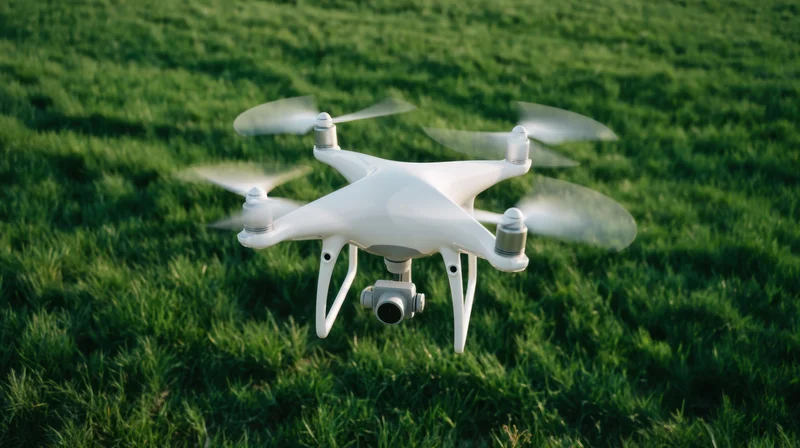 White quadcopter drone flying over green grass field with camera attached