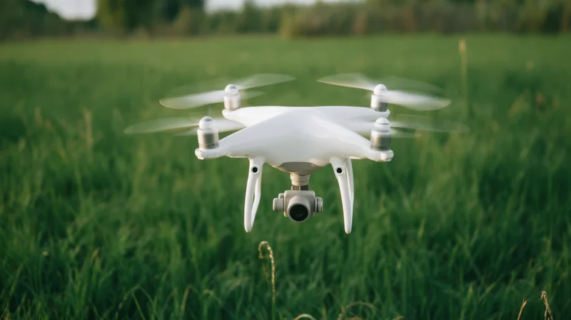 White quadcopter drone flying over green grass field with camera attached