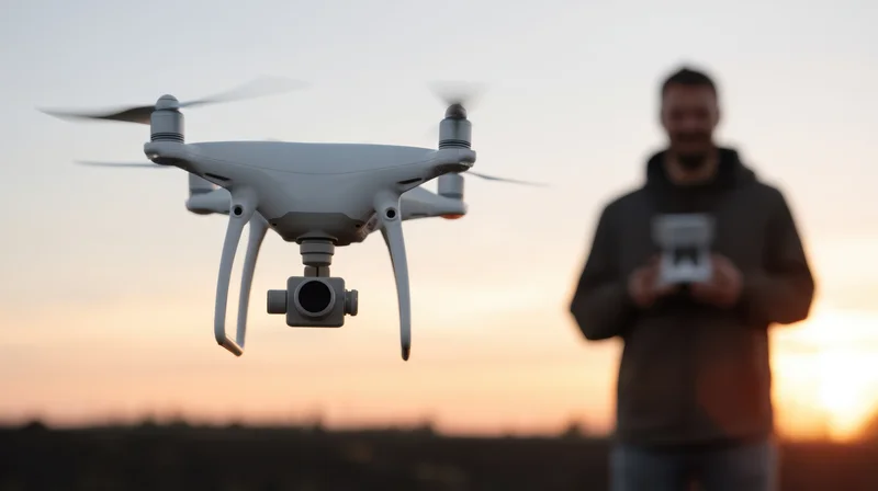 White quadcopter drone hovering in front of a man holding a remote controller at sunset