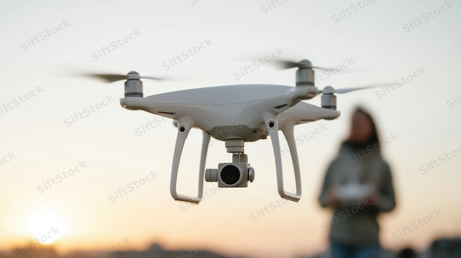 White quadcopter drone flying with camera gimbal in front of woman holding remote controller at sunset