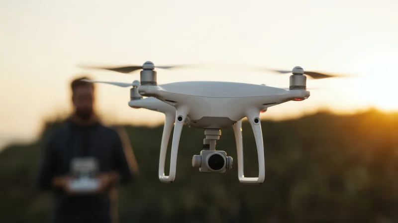 White quadcopter drone hovering with camera attached, operated by a man holding remote control outdoors at sunset