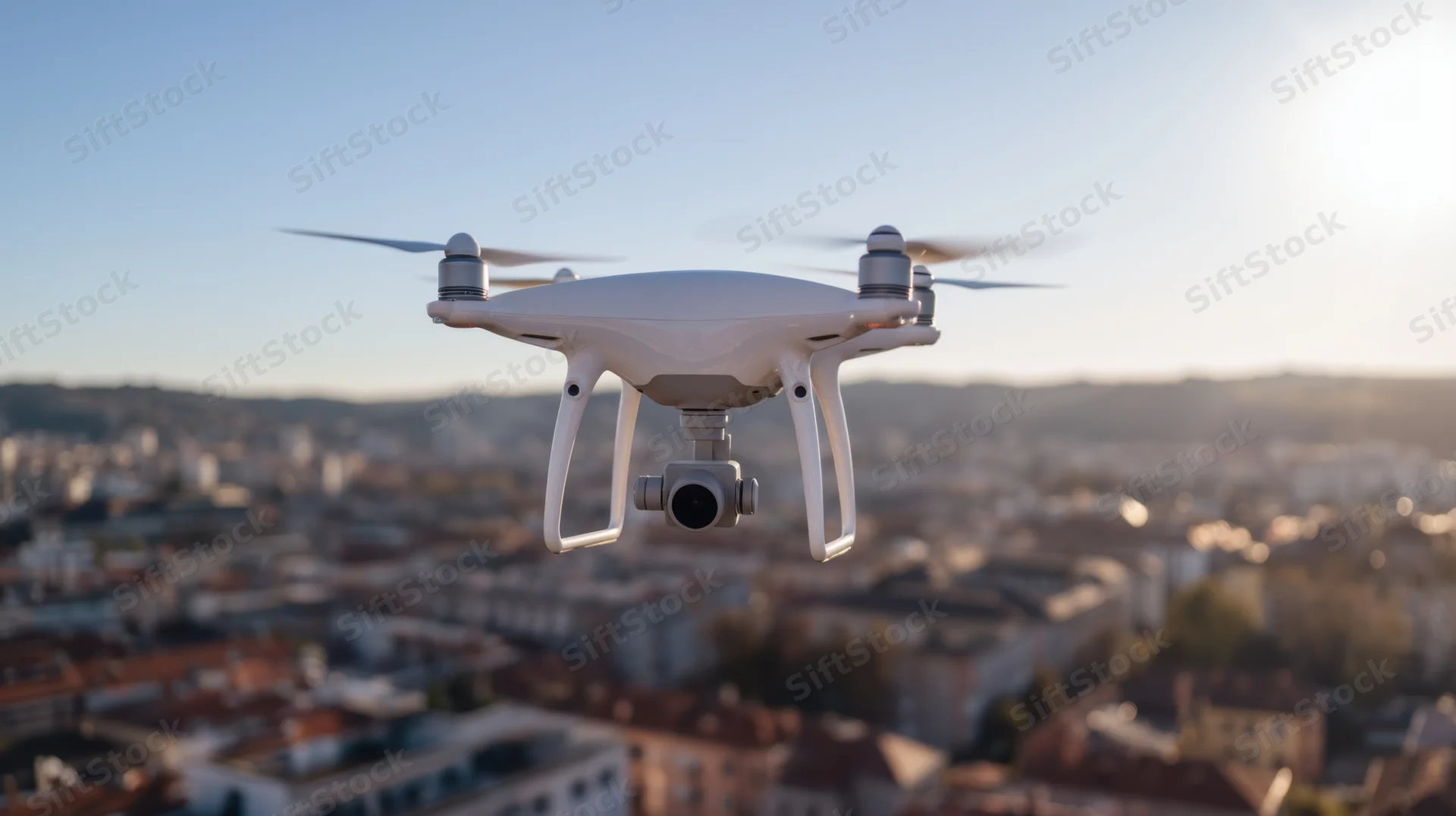 White quadcopter drone flying over cityscape with camera attached, aerial view at sunset