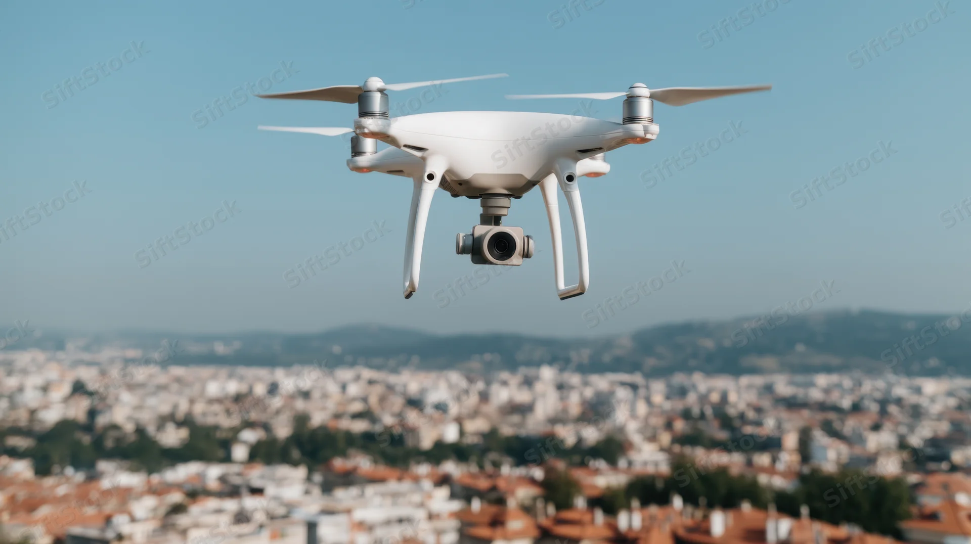 White quadcopter drone flying over cityscape with camera attached