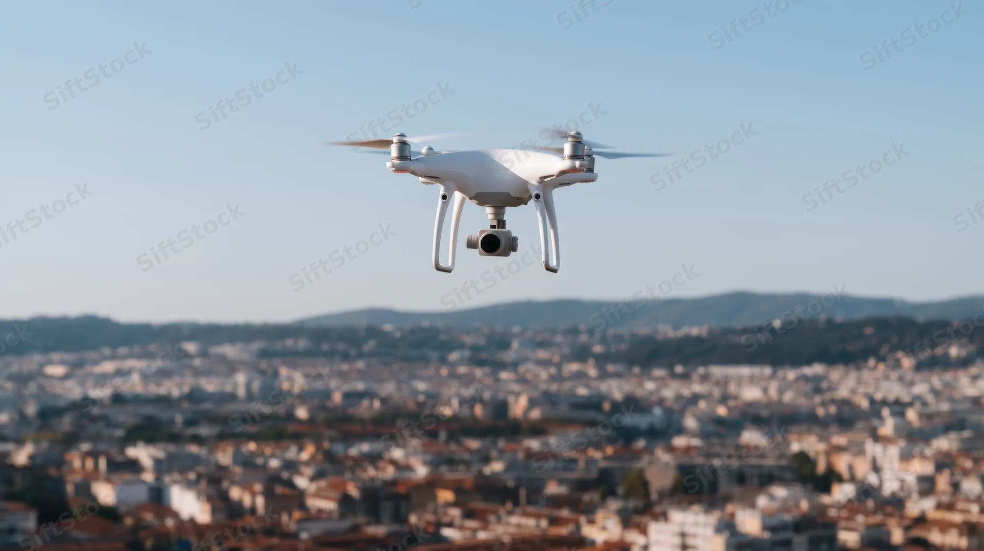 White quadcopter drone flying over cityscape with camera attached, aerial view of urban area and distant mountains under clear sky