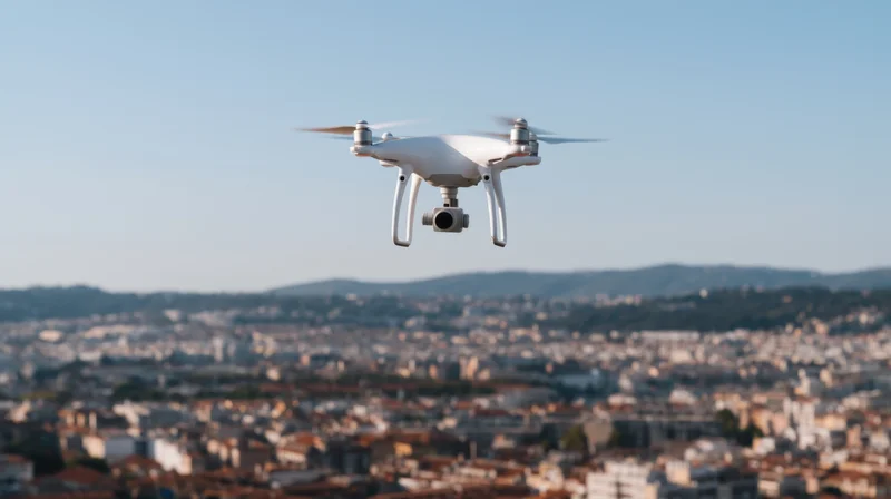 White quadcopter drone flying over cityscape with camera attached, aerial view of urban area and distant mountains under clear sky