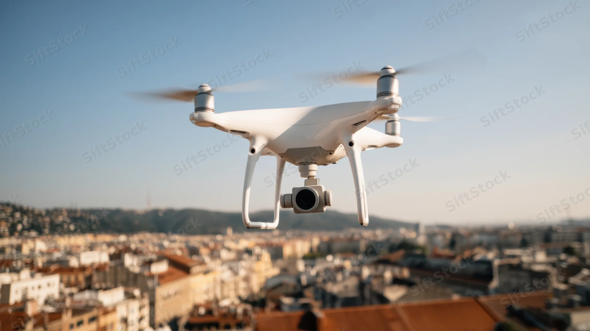 White quadcopter drone flying over cityscape with camera attached