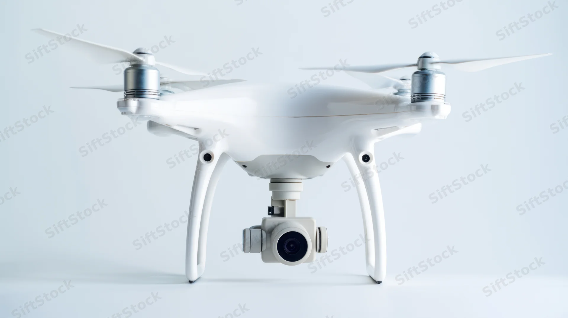 White quadcopter drone with camera gimbal on plain white surface