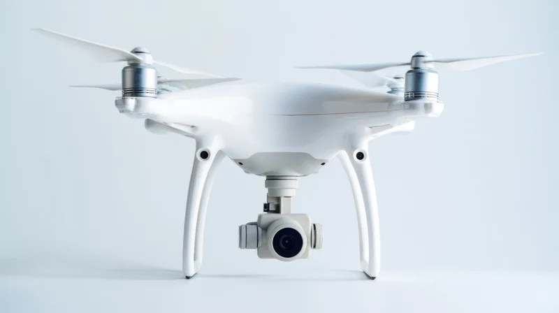 White quadcopter drone with camera gimbal on plain white surface