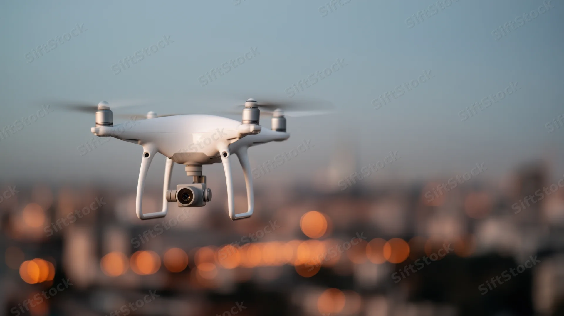 White quadcopter drone flying with camera over blurred cityscape at twilight