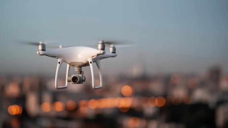White quadcopter drone flying with camera over blurred cityscape at twilight