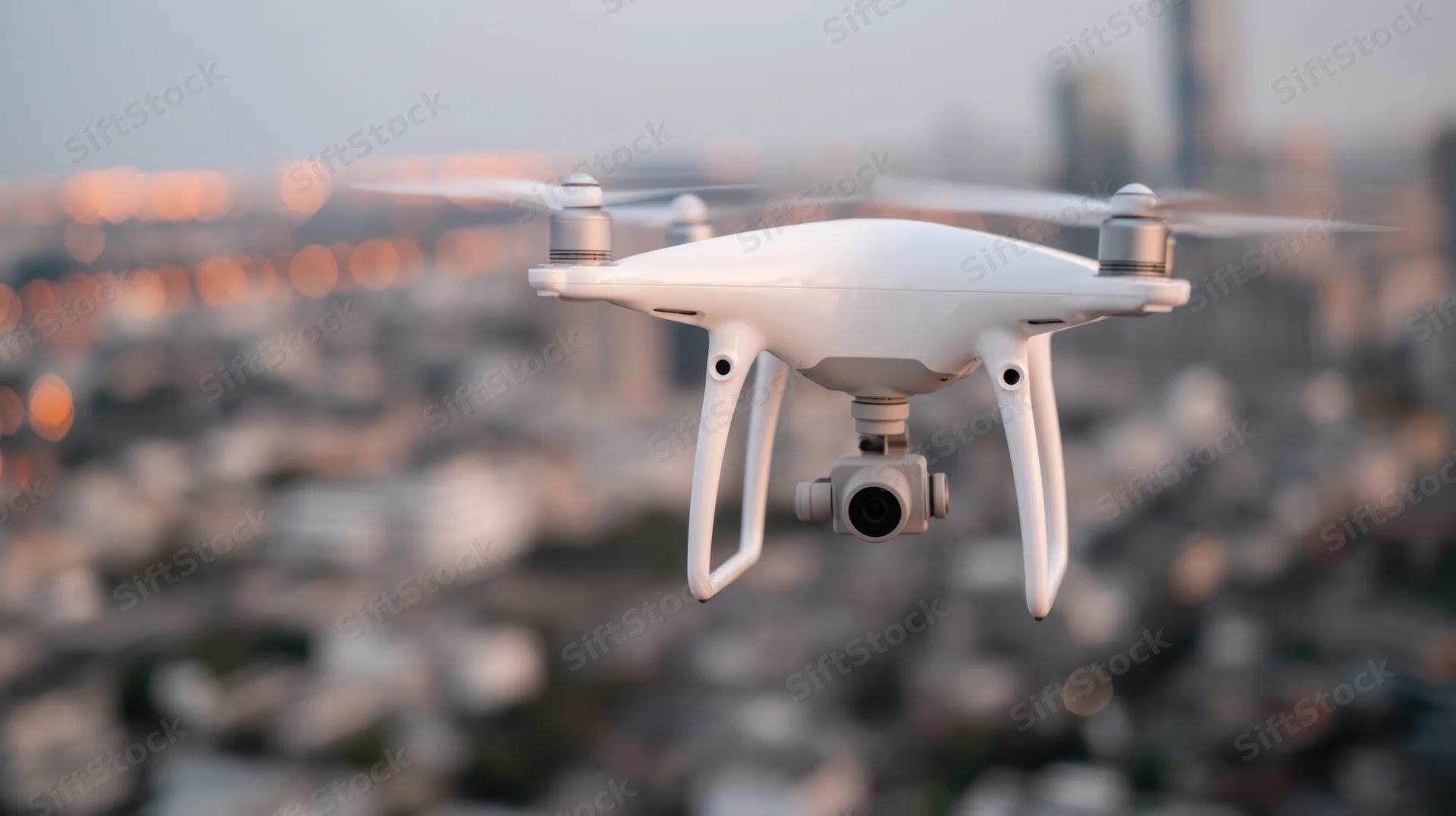 White quadcopter drone flying with camera gimbal over blurred cityscape at twilight