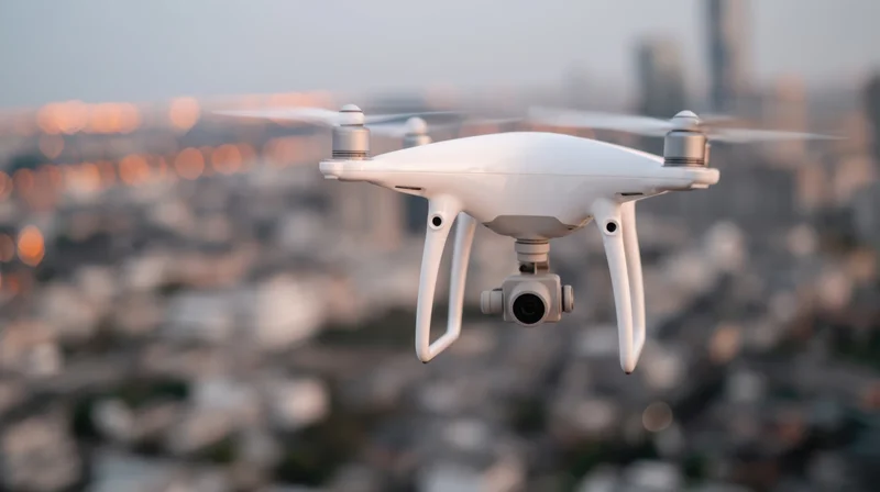 White quadcopter drone flying with camera gimbal over blurred cityscape at twilight