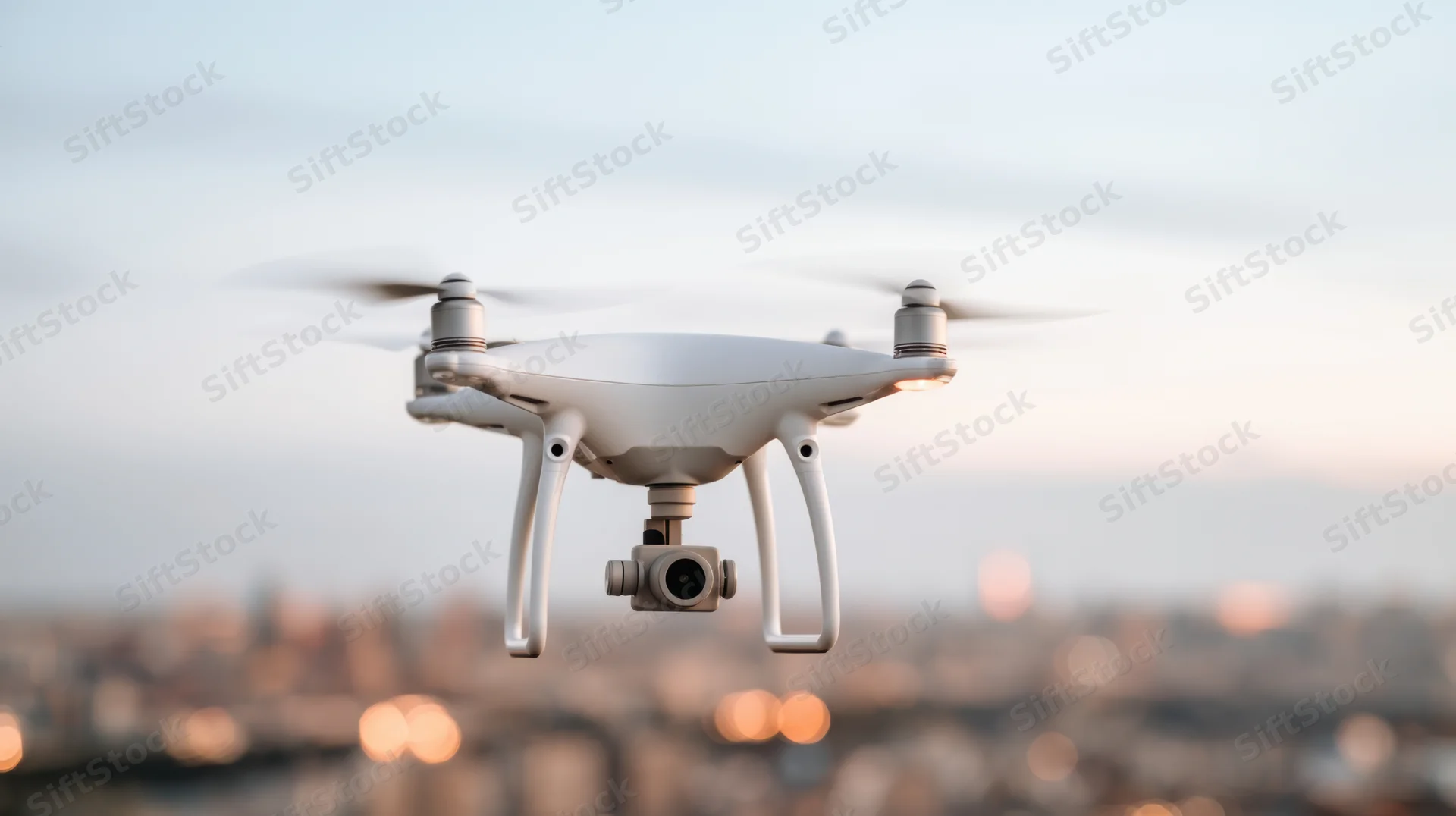 White quadcopter drone hovering in sky above blurred cityscape at dusk