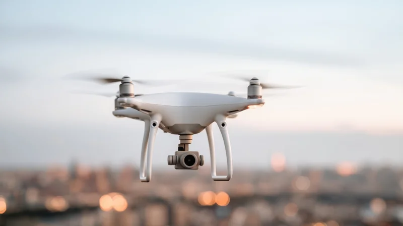 White quadcopter drone hovering in sky above blurred cityscape at dusk