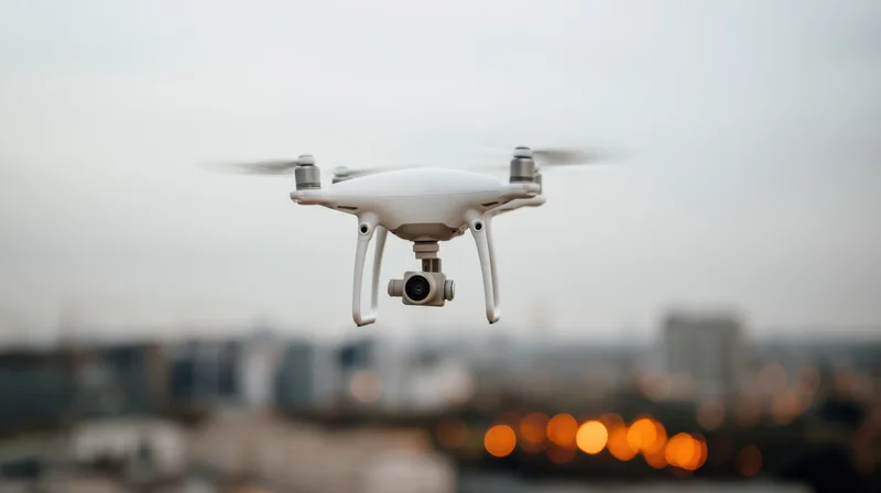 White quadcopter drone flying over cityscape with camera attached, blurred urban background at dusk