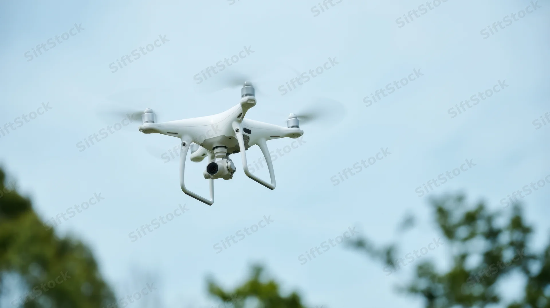 White quadcopter drone flying with camera against sky and trees