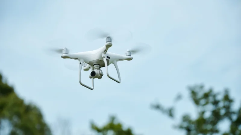 White quadcopter drone flying with camera against sky and trees