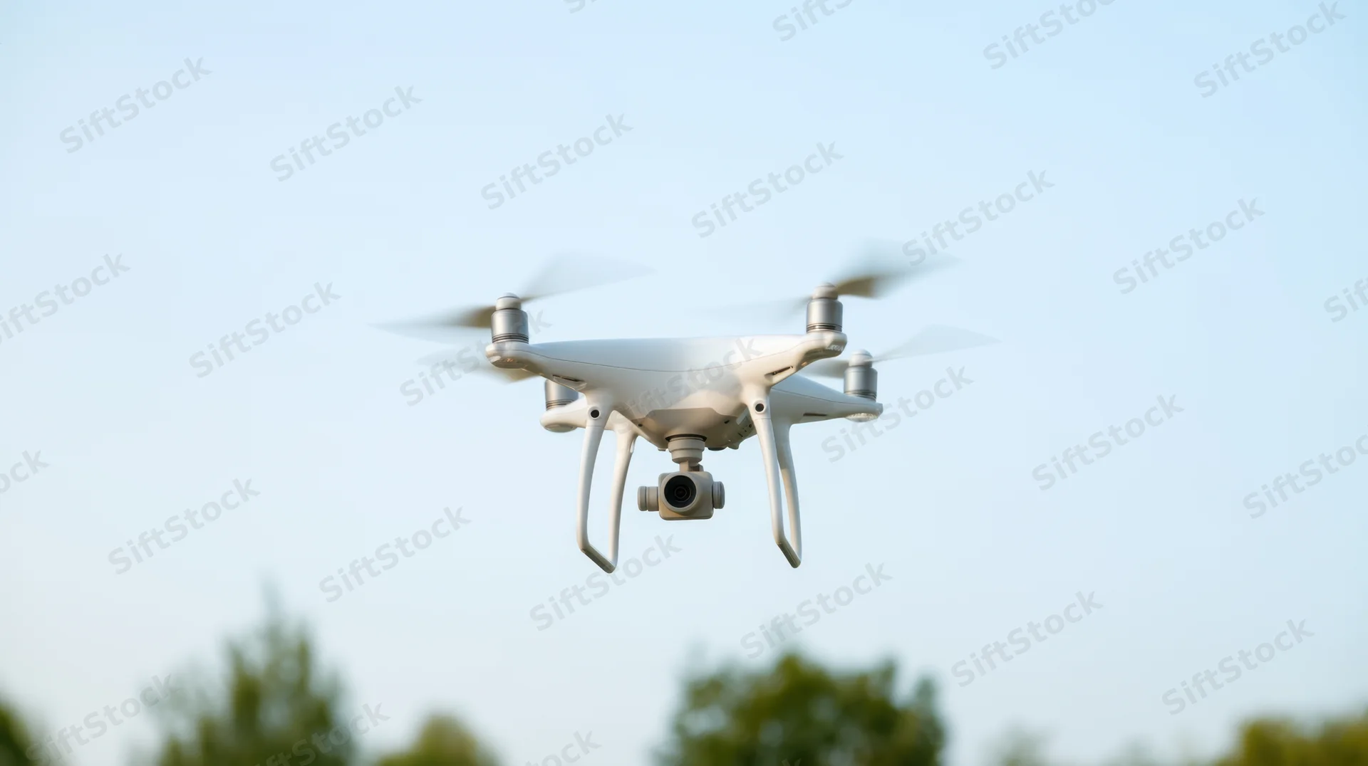 White quadcopter drone flying with camera attached against clear sky above trees