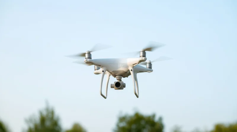 White quadcopter drone flying with camera attached against clear sky above trees
