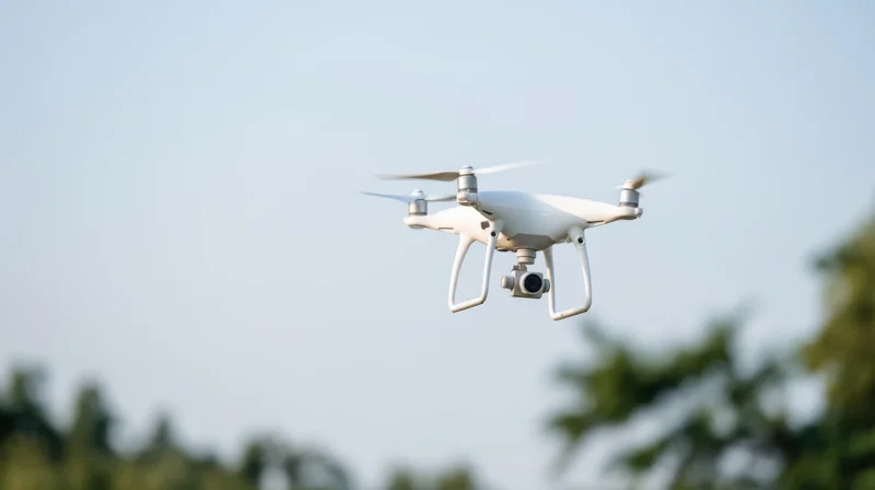 White quadcopter drone flying with camera against clear sky and trees in background