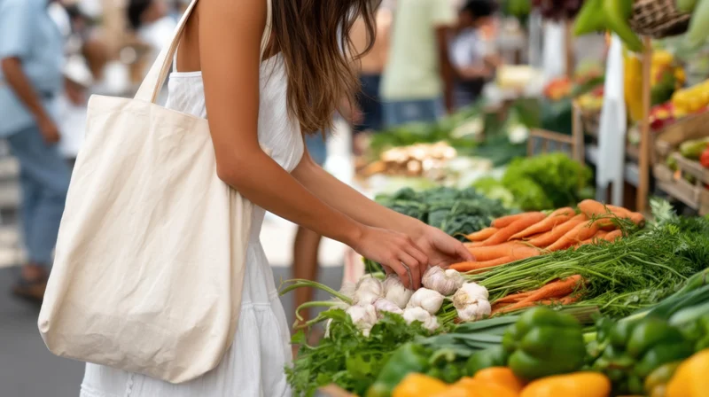Woman selecting fresh vegetables at outdoor farmer's market with tote bag