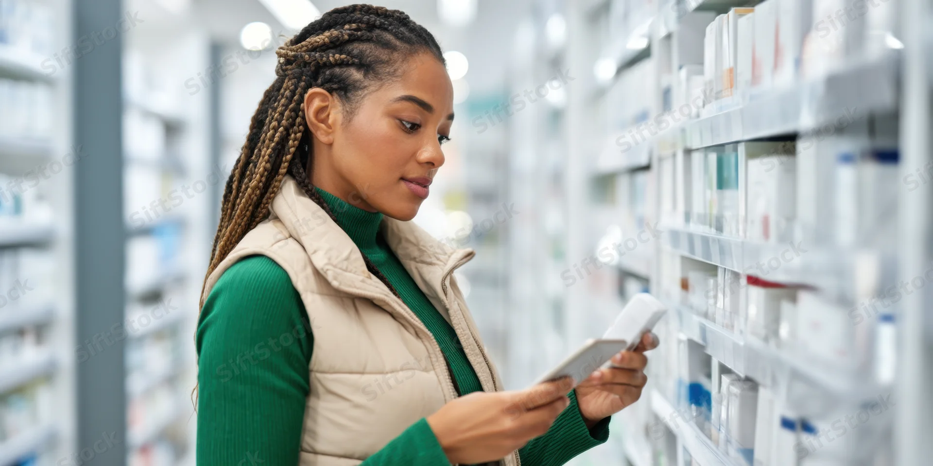 Woman browsing medication shelves in a pharmacy using smartphone