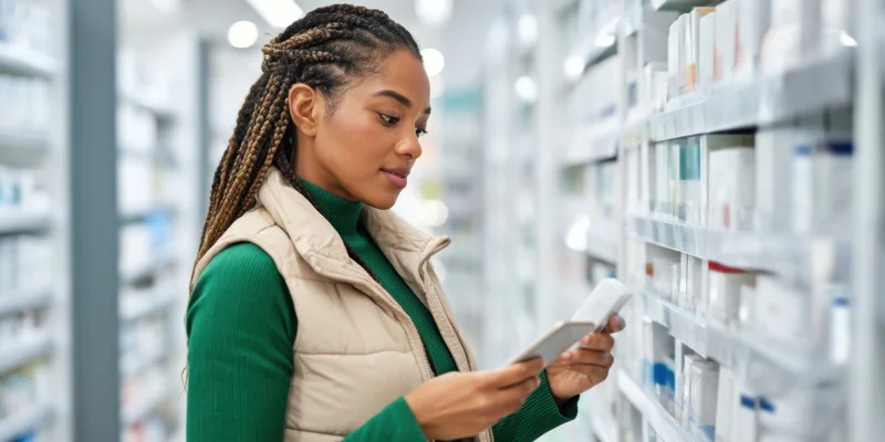 Woman browsing medication shelves in a pharmacy using smartphone