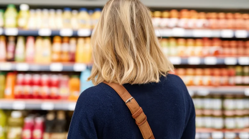 Woman shopping in a supermarket aisle with shelves of grocery products in the background
