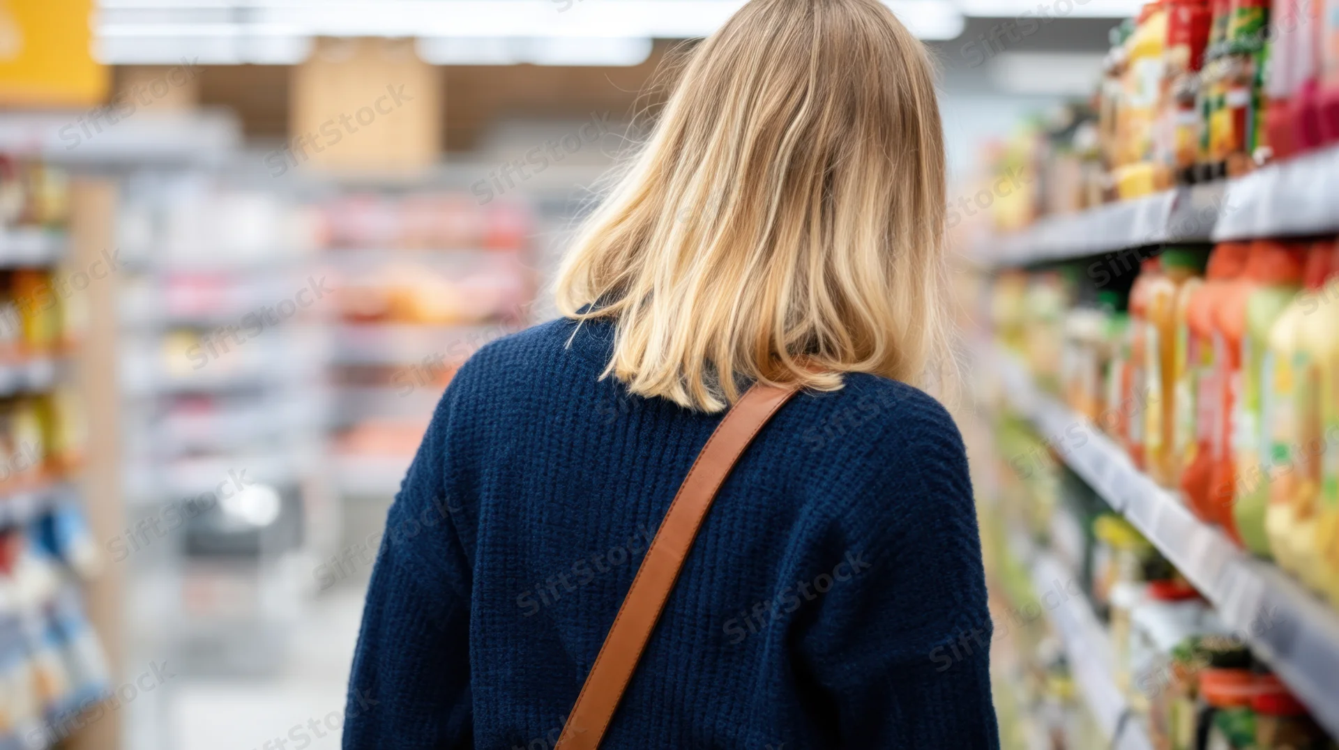 Woman shopping in a supermarket aisle viewed from behind, wearing a blue sweater and carrying a brown leather strap bag