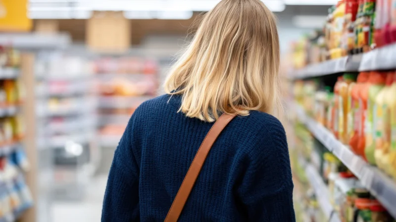 Woman shopping in a supermarket aisle viewed from behind, wearing a blue sweater and carrying a brown leather strap bag