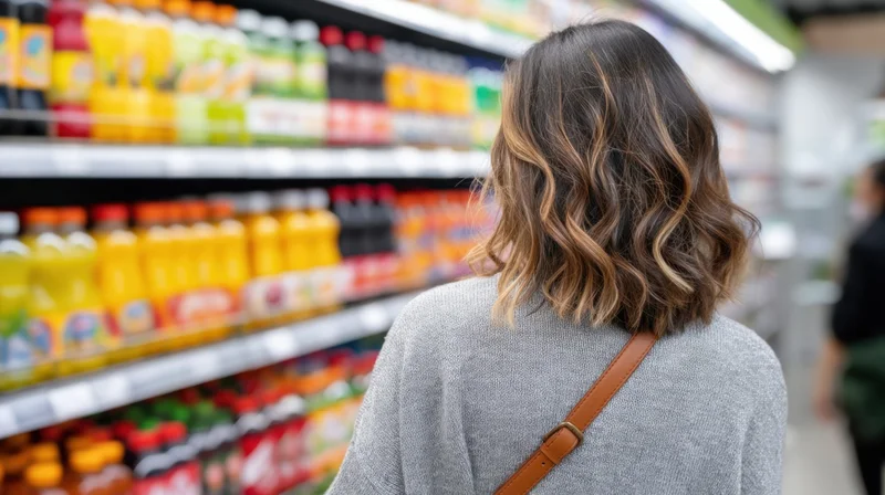 Woman shopping in supermarket aisle facing beverage shelf