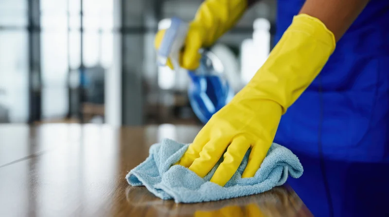 Woman in blue apron and yellow gloves wiping wooden table with cloth while spraying cleaner
