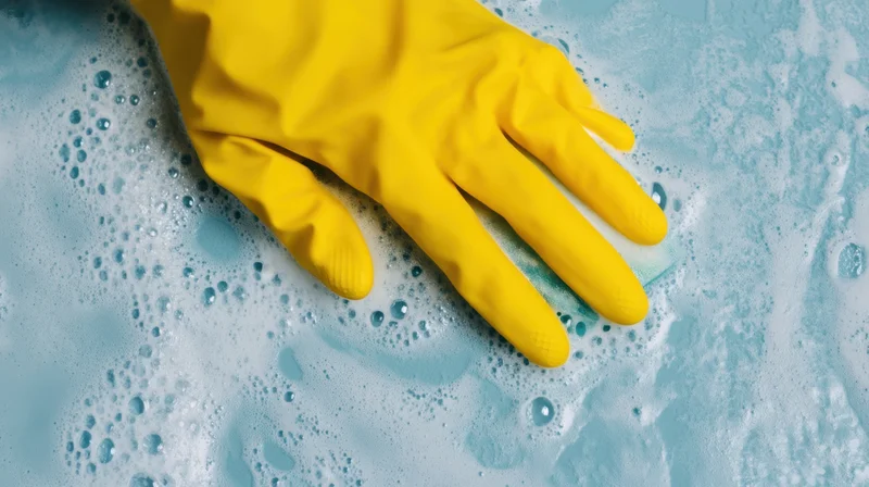 Hand in yellow rubber glove scrubbing a soapy surface with sponge