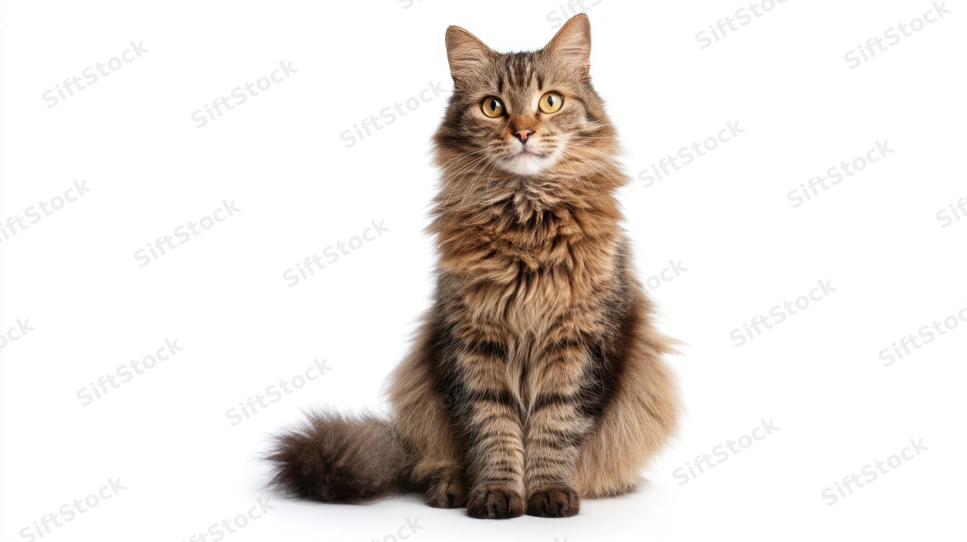 Alert long-haired tabby cat sitting upright on white background