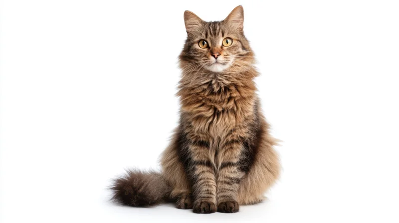 Alert long-haired tabby cat sitting upright on white background