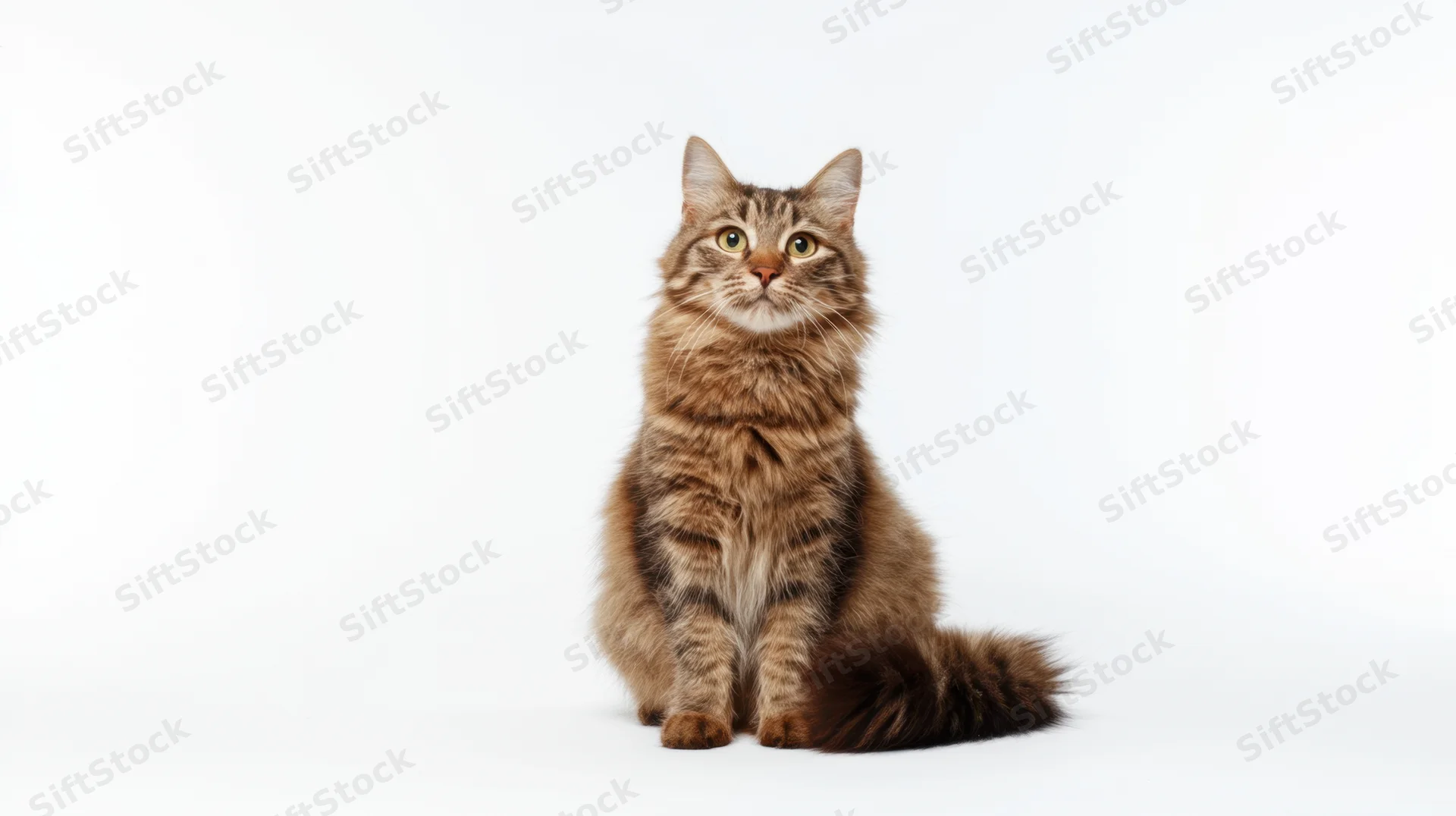 Alert long-haired tabby cat sitting upright on white background