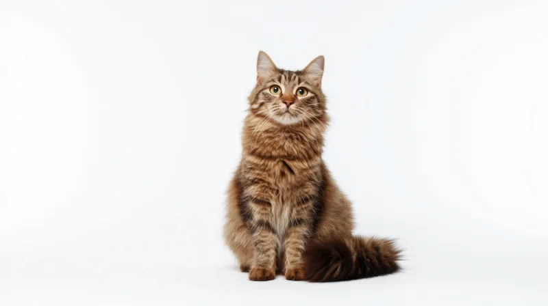 Alert long-haired tabby cat sitting upright on white background