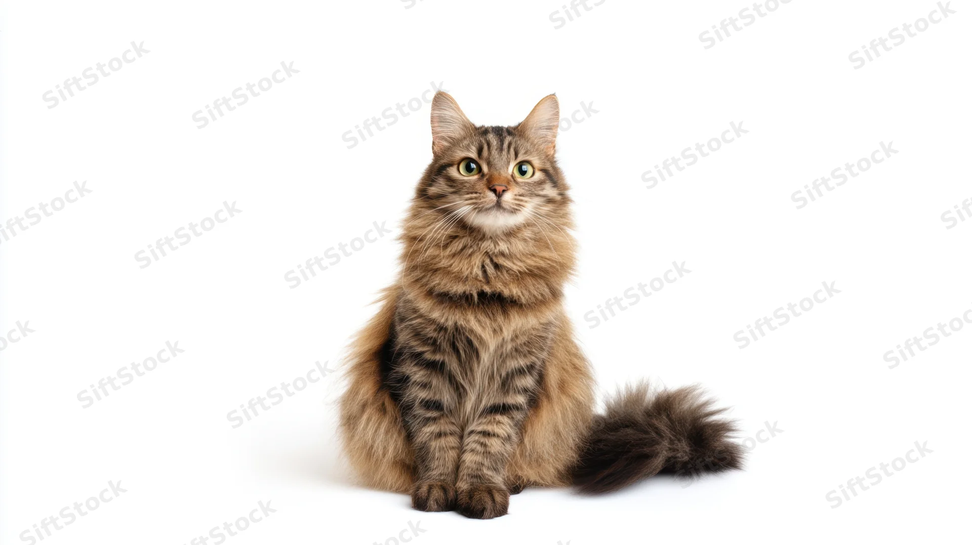 Long-haired tabby cat sitting alertly on white background