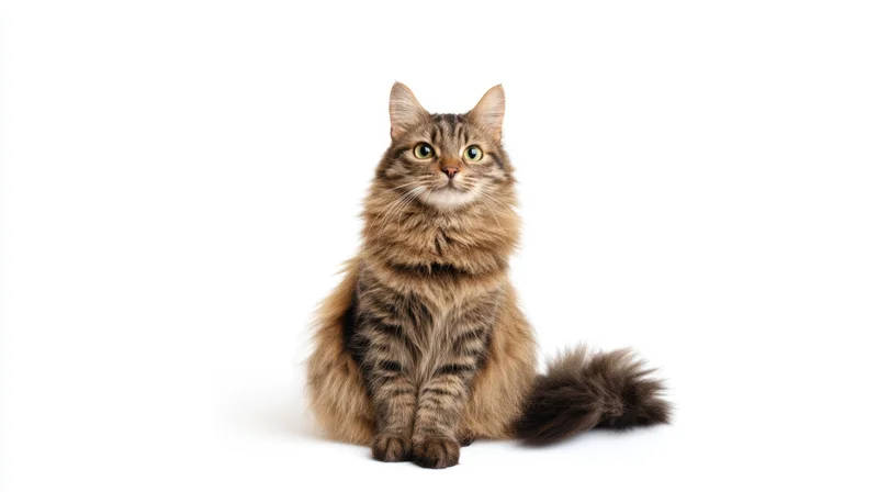 Long-haired tabby cat sitting alertly on white background