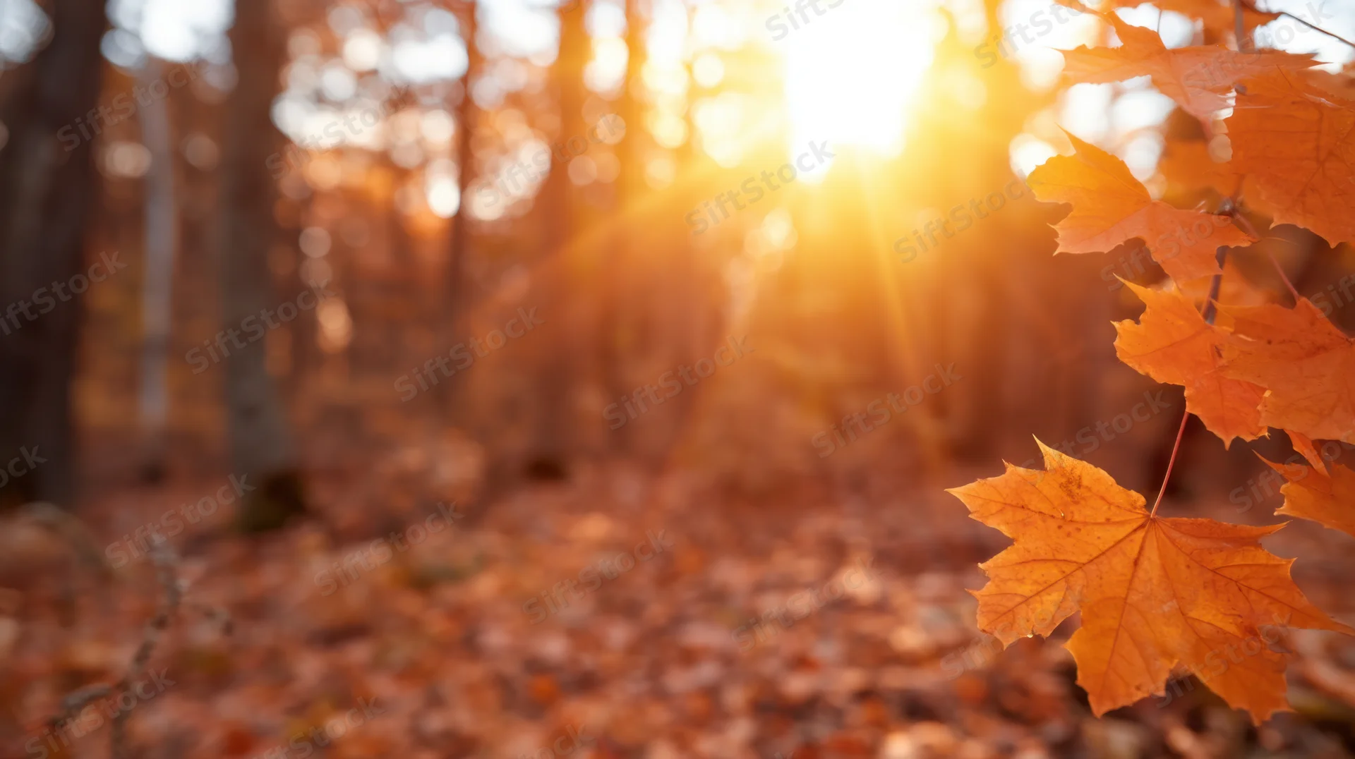 Autumn maple leaves in foreground with sunlight filtering through forest trees