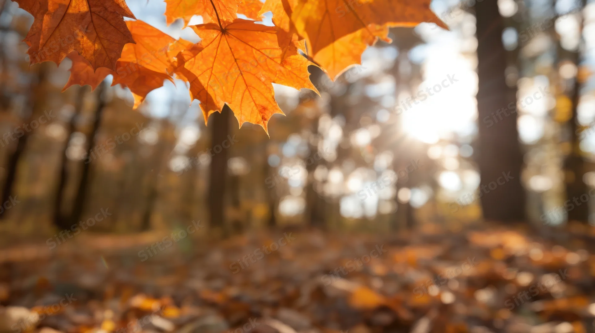Autumn maple leaves hanging in a sunlit forest with fallen foliage on the ground
