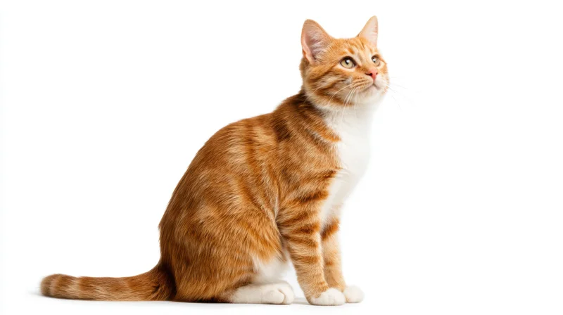 Orange tabby cat sitting alertly on white background with copyspace to the right