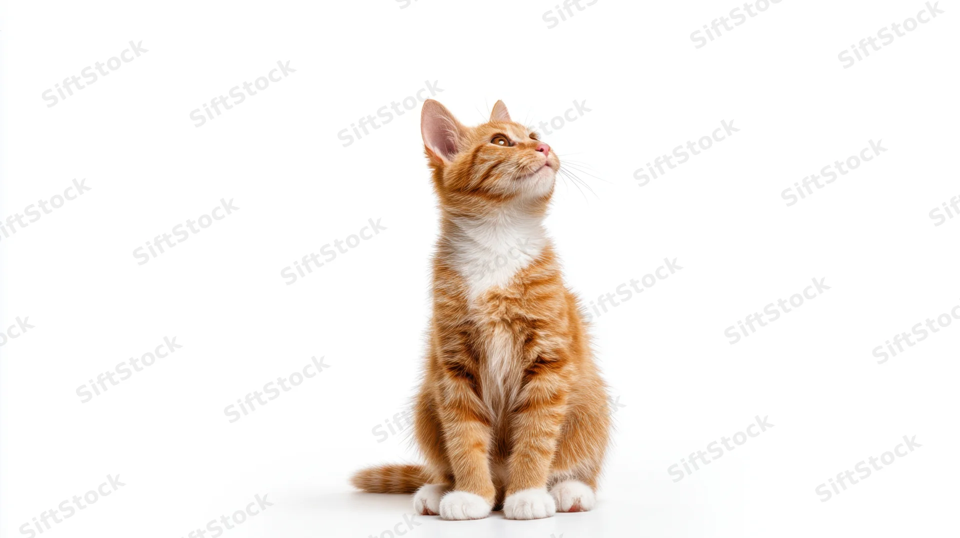 Orange tabby kitten sitting and looking up against white background