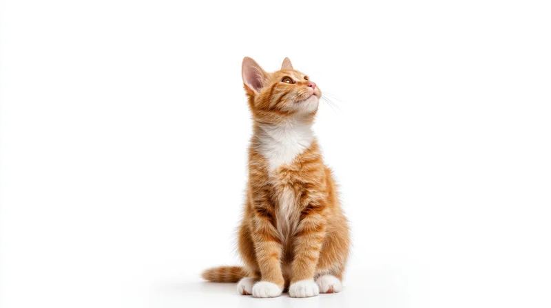 Orange tabby kitten sitting and looking up against white background