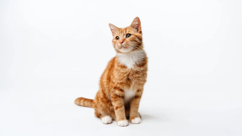 Orange tabby kitten sitting on white background with space for text