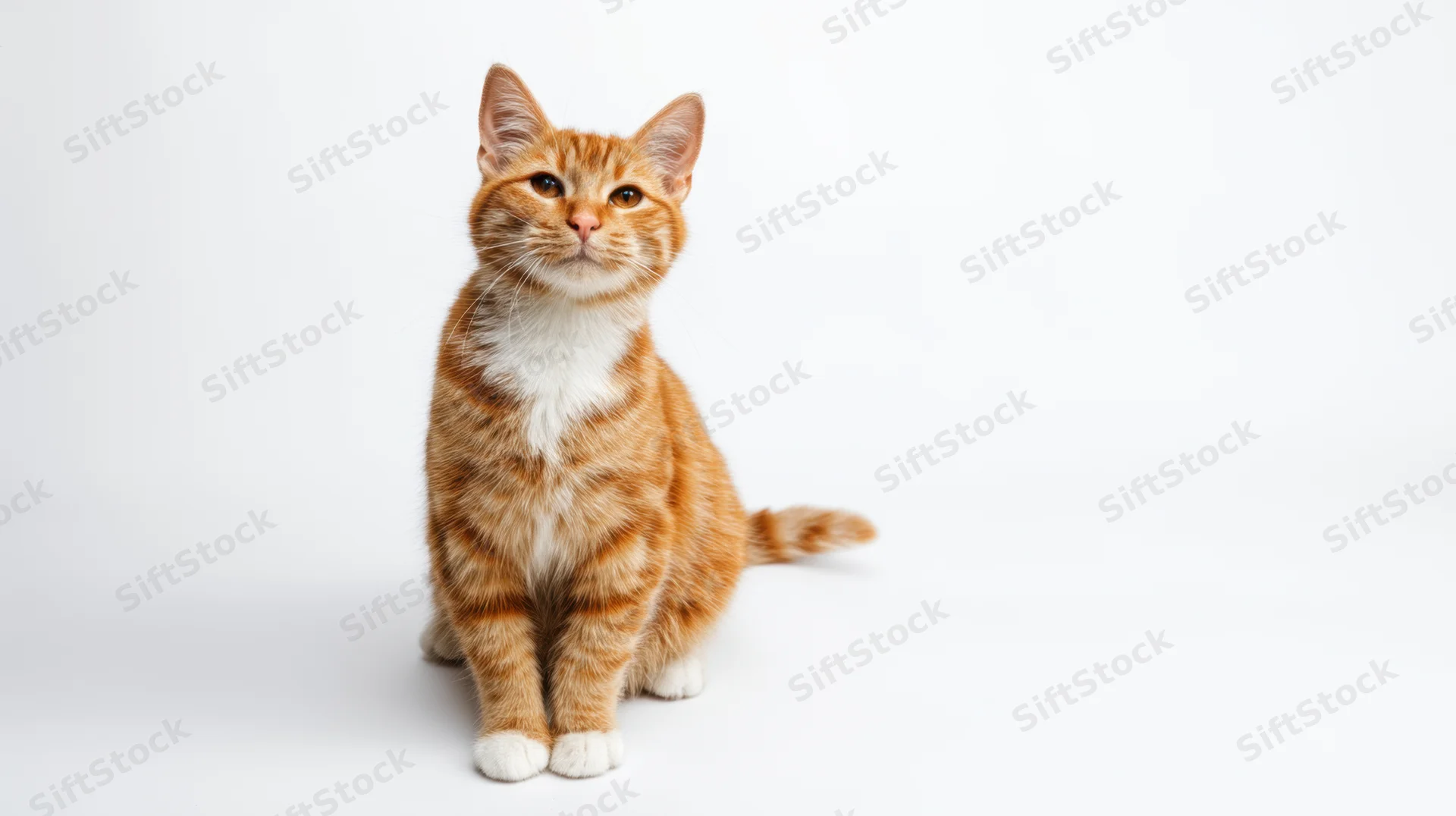 Orange tabby cat sitting alertly on white studio background