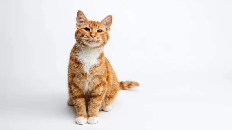 Orange tabby cat sitting alertly on white studio background